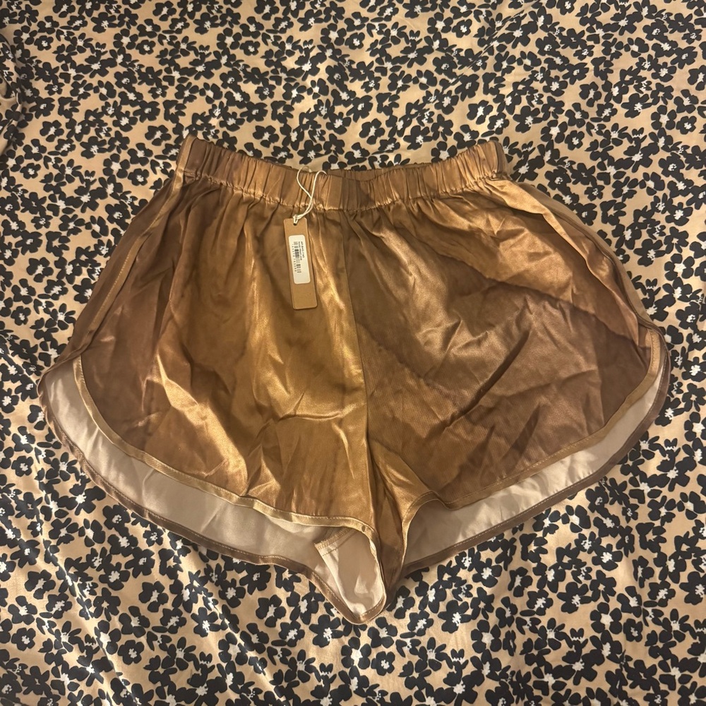 Skims SIZE XXS Nude Print Brown Silk Sleep Shorts Satin PJ Pants Sleepwear - Picture 7 of 7